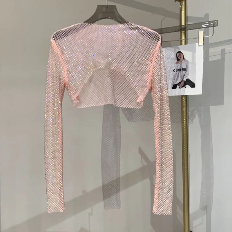 Hot Girl Sexy Thin Sexy Colored Diamond Short Top Mesh Diamond Exterior Sun Protection Long Sleeve Shirt Glitter Party Shirt 6