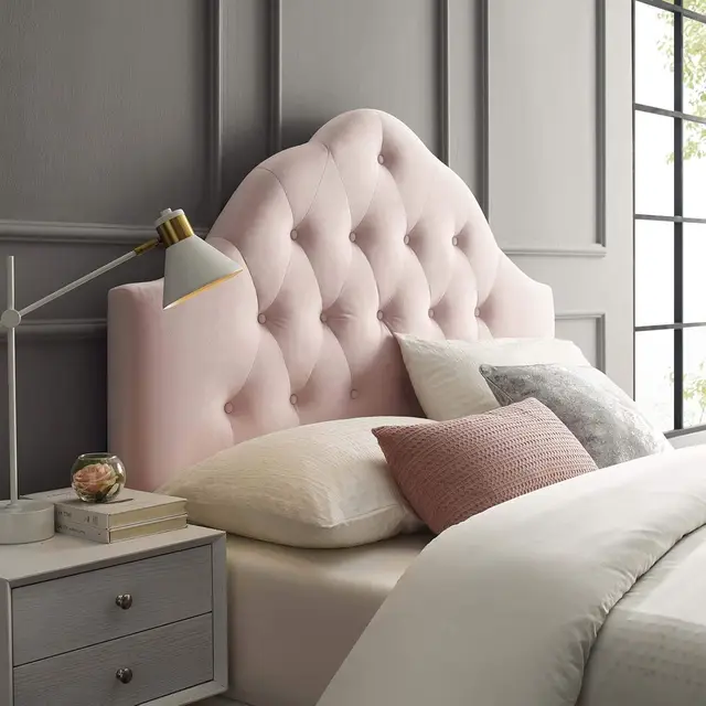 Queen Velvet Headboard with Diamond Tufting, Adjustable Height, Pink Upholstery for Bedroom Decor