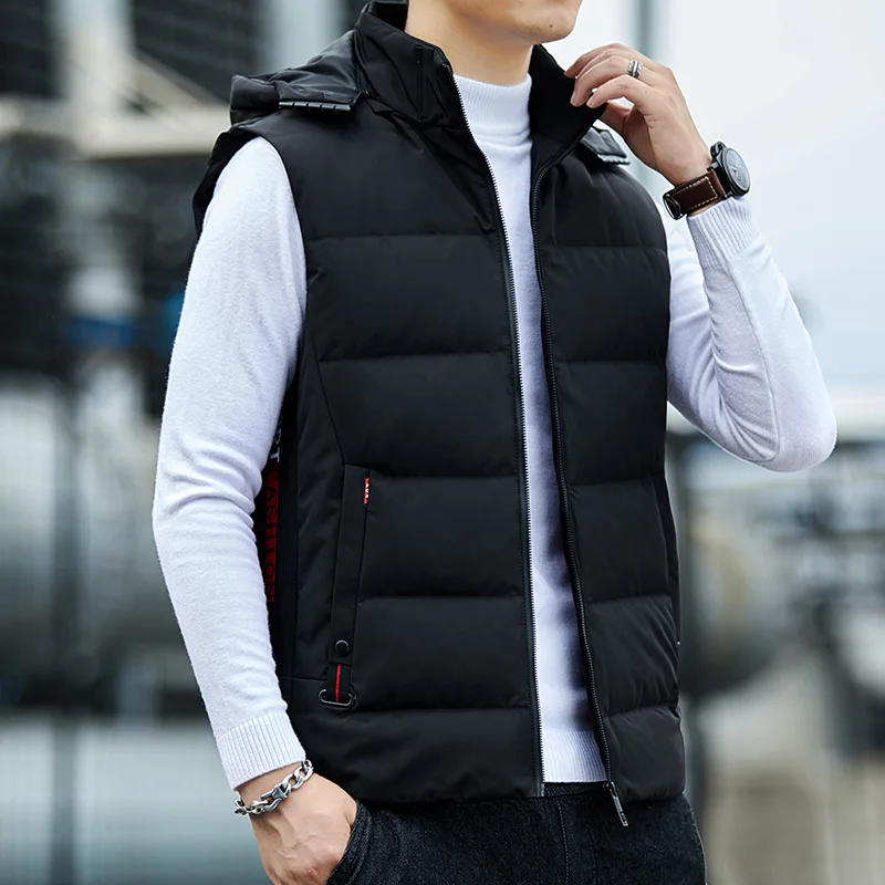 Warm Duck Down Vest Hooded Detachable Men Stand Collar Windproof Jacket Fashion Simple New Causal Thermal Sleeveless Zipper Coat