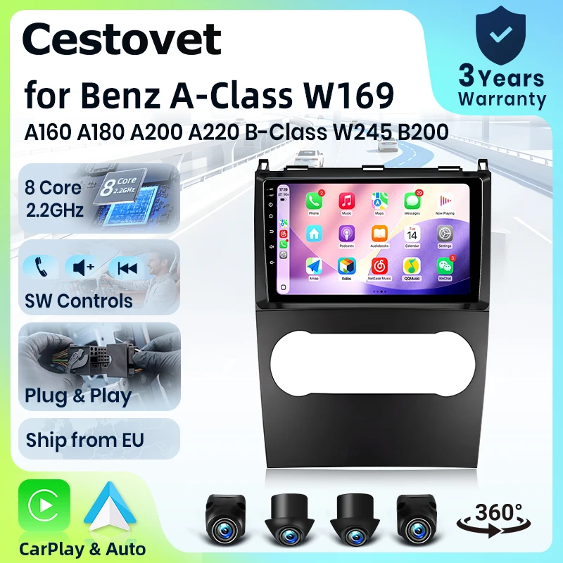 Radio para Auto Cestovet 8 Core 4G WiFi para Mercedes-Benz Clase B200, Clase A, Clase B, W169, A160, A180, A200, A220 2009 2010 2011 2012, Pantalla IPS, CarPlay, Android Auto, GPS, Navegador, Estéreo, SWC, BT, FM, AM, RDS, DSP, 2Din, Mirror Link, Voz AI, Cámara 360, Actualización OTA, Unidad Principal 1