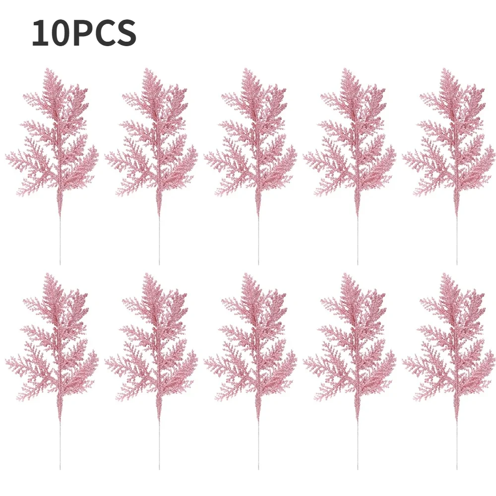 thumbnail image 1 of 10/5 piezas de plantas artificiales, ramas de pino, hojas doradas con purpurina navideña, decoración para árbol de Navidad, colgante para decoración del hogar, 1 of 5
