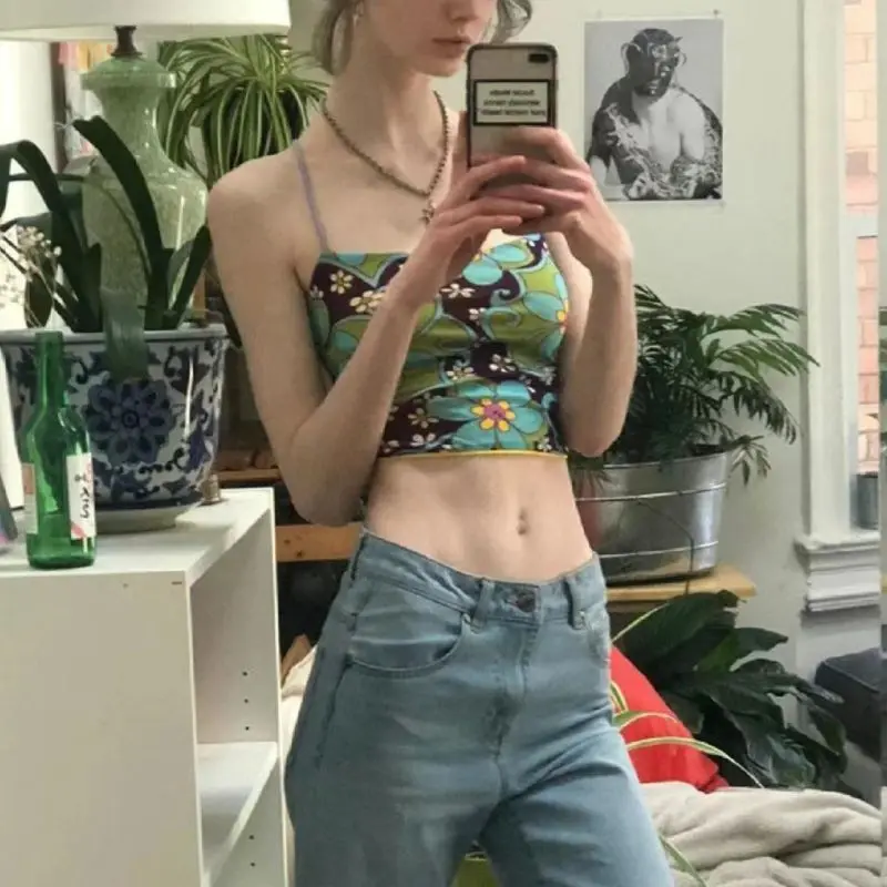 

Американский ретро-топ с цветочным принтом 2024, летняя женская майка, модный дизайн, нишевая Пряная майка для девушек, Топ контрастного цвета