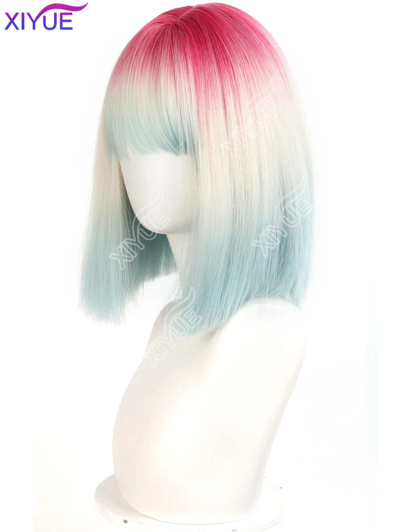 XIYUE Pink gradient blue Short Straight Hair Wig for Women with Bangs Gradient Highlights Lolita Bob Wigs Synthetic Wig Pastel
