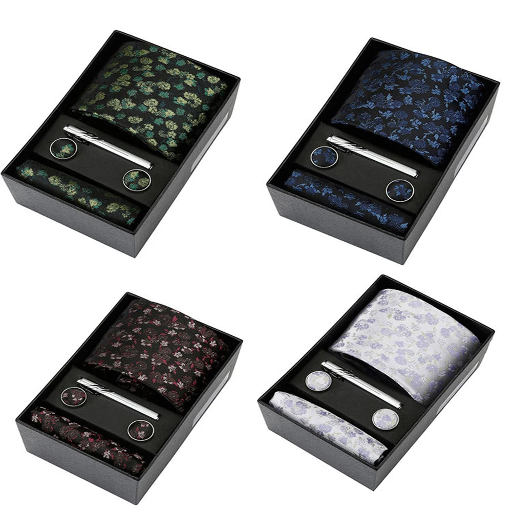 

Luxurious Brand Tie Handkerchief Cufflink Tie Clip Set For Men Holiday Gift Box Blue Suit Accessories Slim Wedding Gravatas