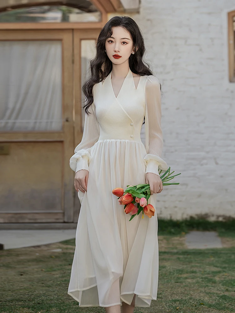 

Summer new women's elegant and noble temperament slim knit stitching chiffon long dress wedding dress white dress