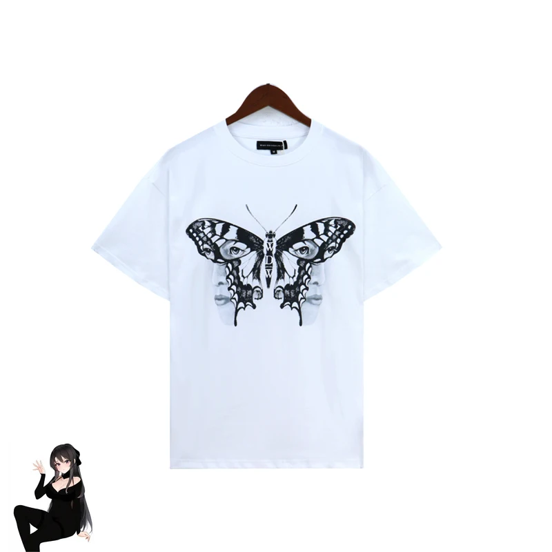 

WDW Who Decides War Butterfly Face Print T Shirt Summer Men Women High Quality Oversize White Stable Knitt Short Sleeve Tops