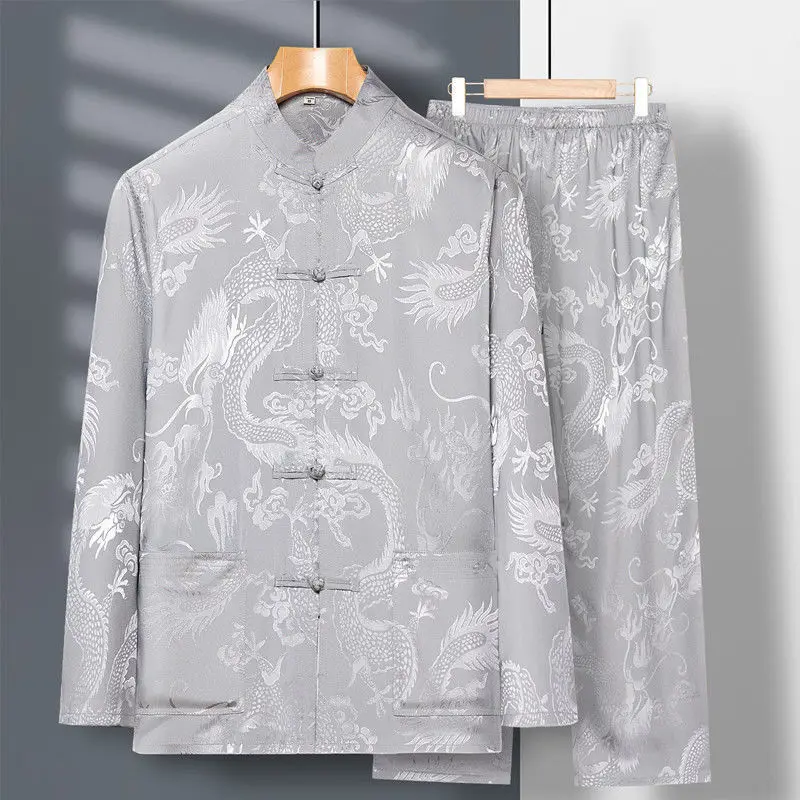 Spring New Middle Aged Elderly Tang Suit Men's Long Sleeved Satin Dragon Kung Fu Chinese Plus Size Shirt Training Clothing tai chi clothing