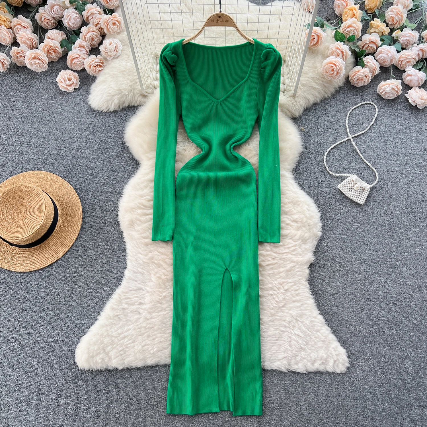 

Women Chic Elegant Solid V Neck Puff Sleeve Bodycon Split Dress Sexy Fashion Knit Elastic Slim Hip Wrap Sweater Dress