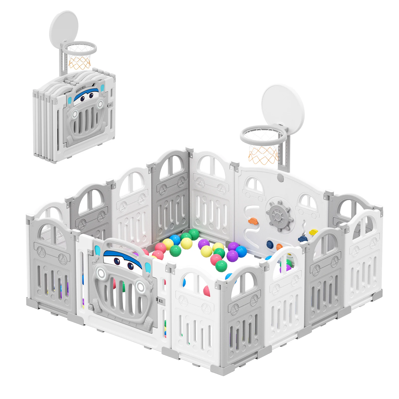UBRAVOO faltbarer Baby-Laufstall mit Basketballkorb und 50 farbigen Pit-Bällen, Spielstiftzaun für Kleinkinder und Babys, 14 Panels