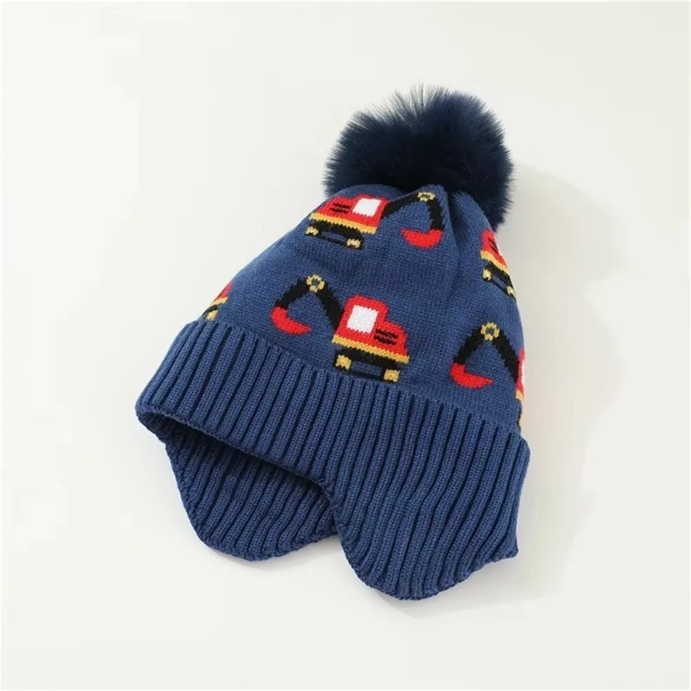 Acrylic Kids Winter Hat with Ear Flaps and Excavator Print