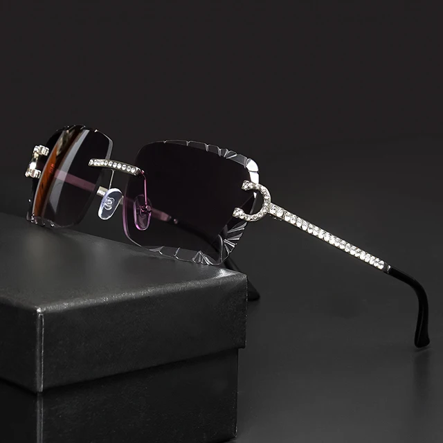 Lunettes de soleil carrées sans monture tendance, design vintage de marque avec diamants, verres taillés, lunettes de soleil pour hommes et femmes, monture en métal, lunettes de luxe 1