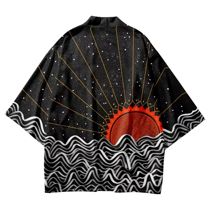 Harajuku Japanese Sun Print Yukata Kimono Streetwear Cardigan Cosplay Tradizionale Nero Haori Men Samurai Vestiti Oversize