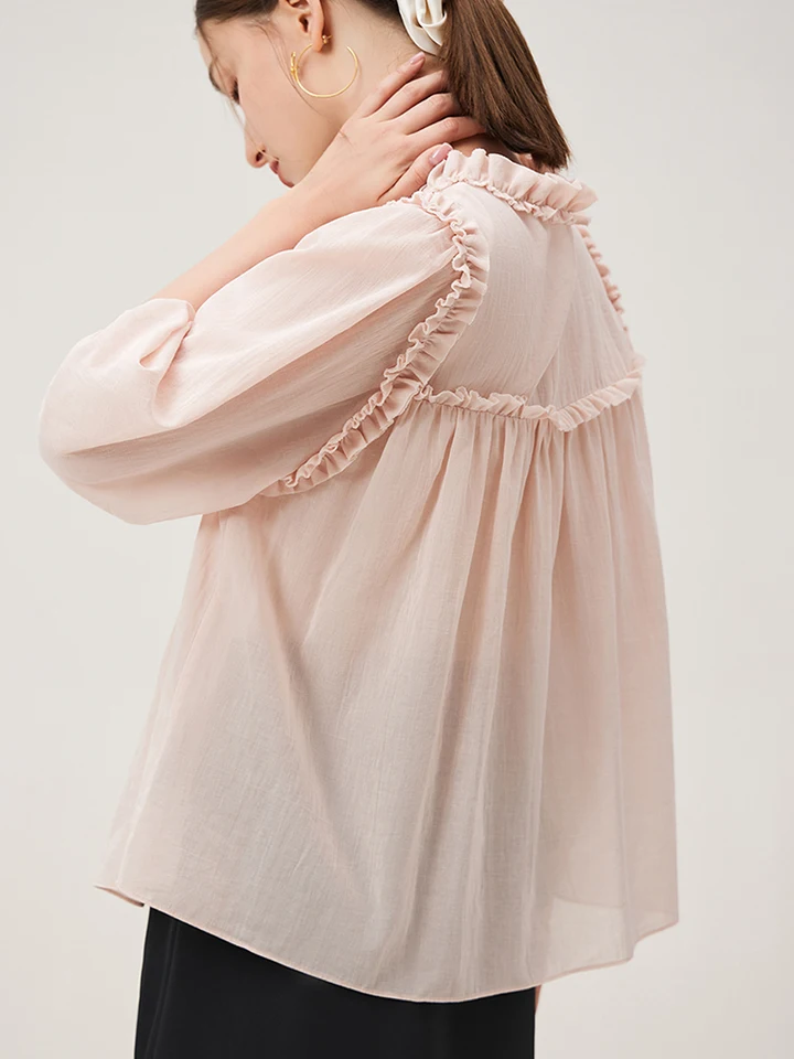 FSLE 100% Cotton Women Pink Three-quarter Sleeves Blouse