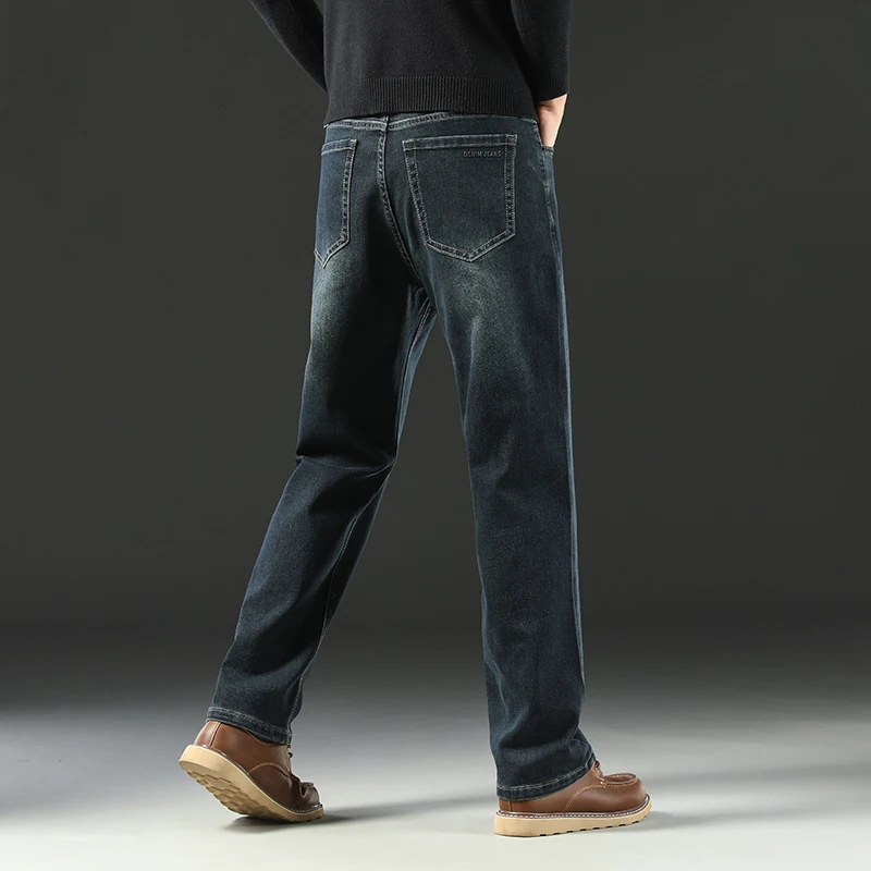Classic Straight Men's Jeans Autumn Thick Business Casual Retro Washed Denim Pants High Quality Loose Comfort Trousers Gray Blue 3