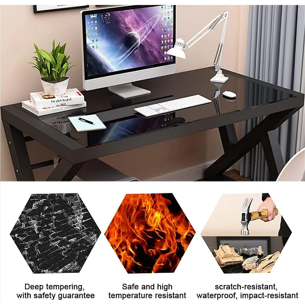 Computer Desk Home Office Desks, 55.1 Inch Modern Simple Office Black Glass Desk Computer Table Study Gaming Writing Desk, Fash 4