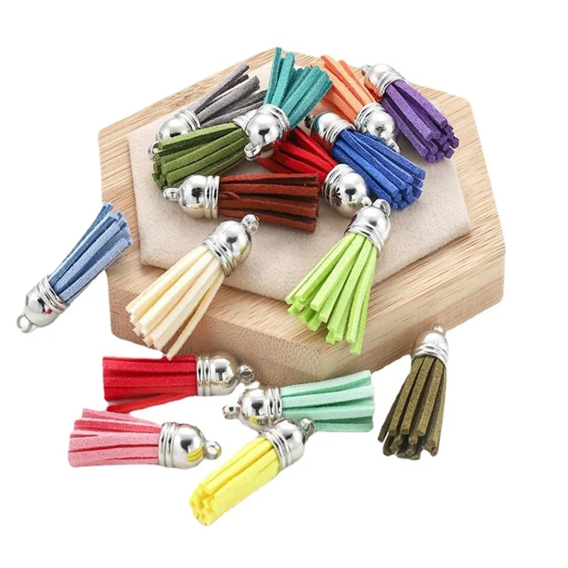 10 stücke/20 stücke 36mm Leder Quaste Charms Silber Farbe Kappe Ohrring Schlüsselbund Anhänger Riemen Wildleder Quasten Diy schmuck Zubehör – Detail 5