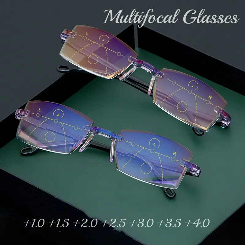 

Multifocal Reading Glasses Anti Blue Rays Men Bifocal Presbyopia Glasses Near & Far Women Vintage Rimless Eyeglasses Diopter