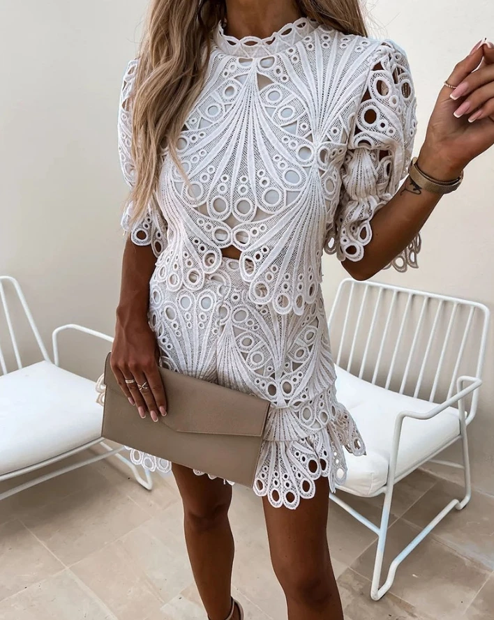 Women's Fashion Set 2024 Summer Latest Casual 2Pcs Mock Neck Short Sleep Skirt Skinny Commuting Guipure Lace Too/w Shorts Set