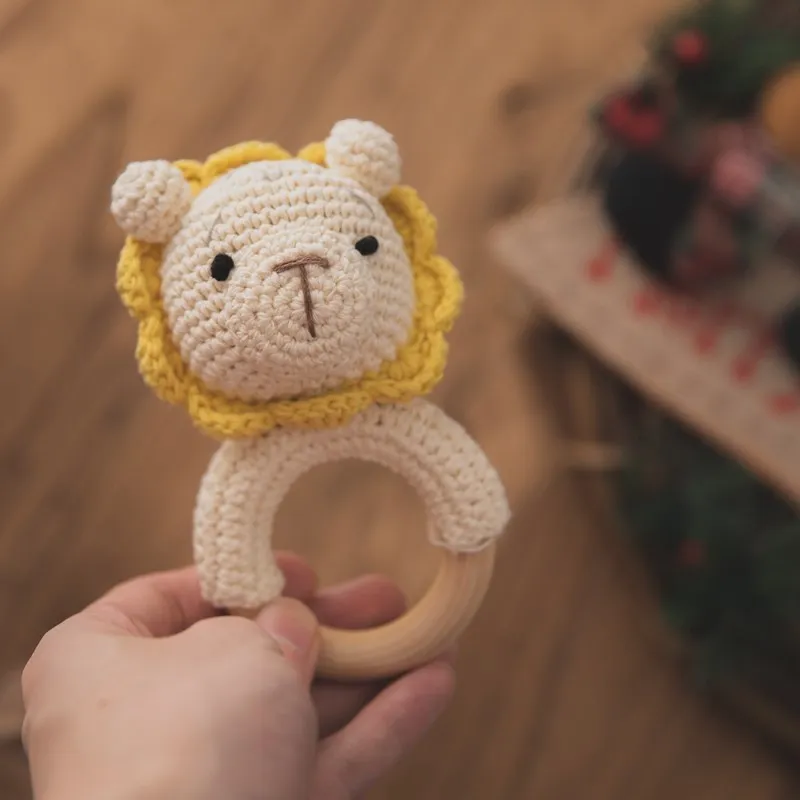1Pc Baby Rattle Toys Wooden Teether Crochet Pattern Rattle Rabbit Lion Fox BearToy Newborn Gift Baby Teether Crochet Custom Name 5