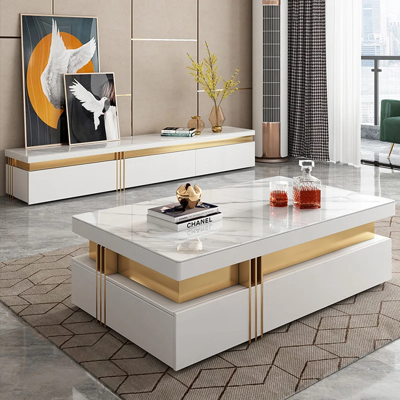 Luxury Design Furniture Metal Sofa Center Tables Marble Coffee Table With Drawers Tv Stand And Coffee Table Set