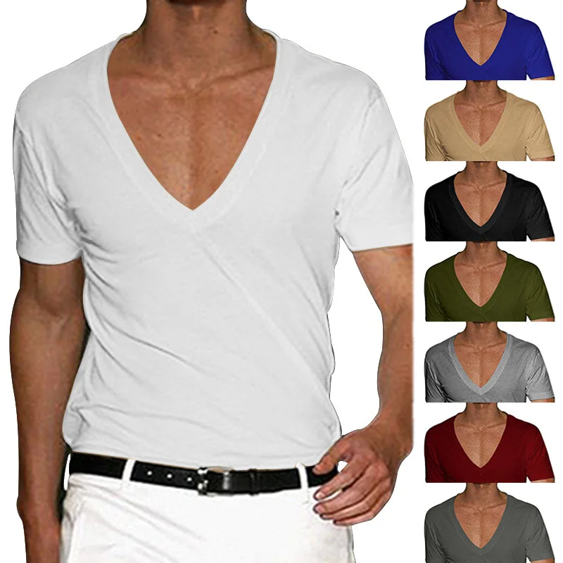 

2023 European and American men's short sleeve V-neck T-shirt men's decoration solid color casual T-shirt short sleeve men