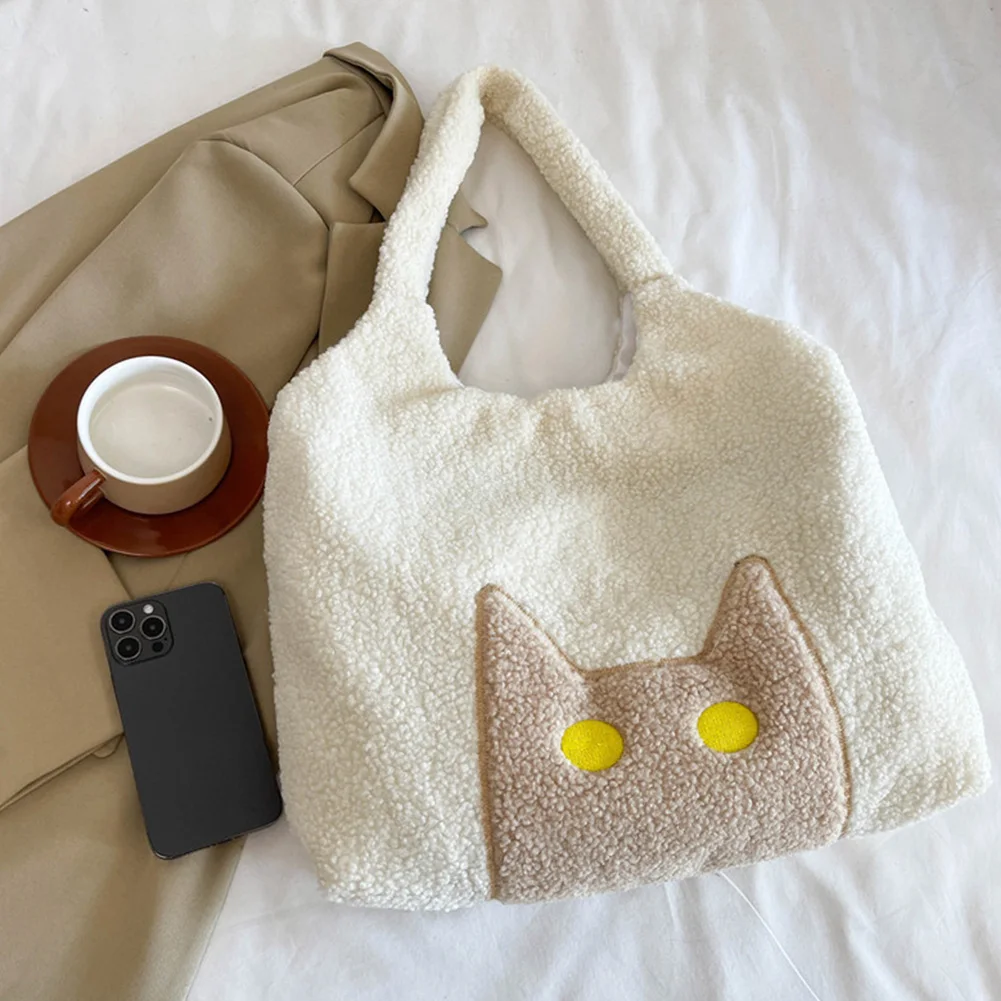 Lambs Wool Plush Tote Bag for Women Cute Cat Shoulder Bag