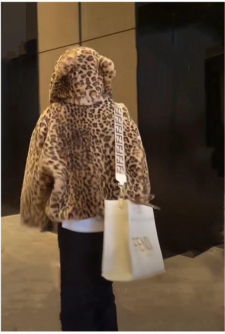 Women's leopard print coat Winter European Bear ears Rex Rabbit fur jacket short thick hooded top