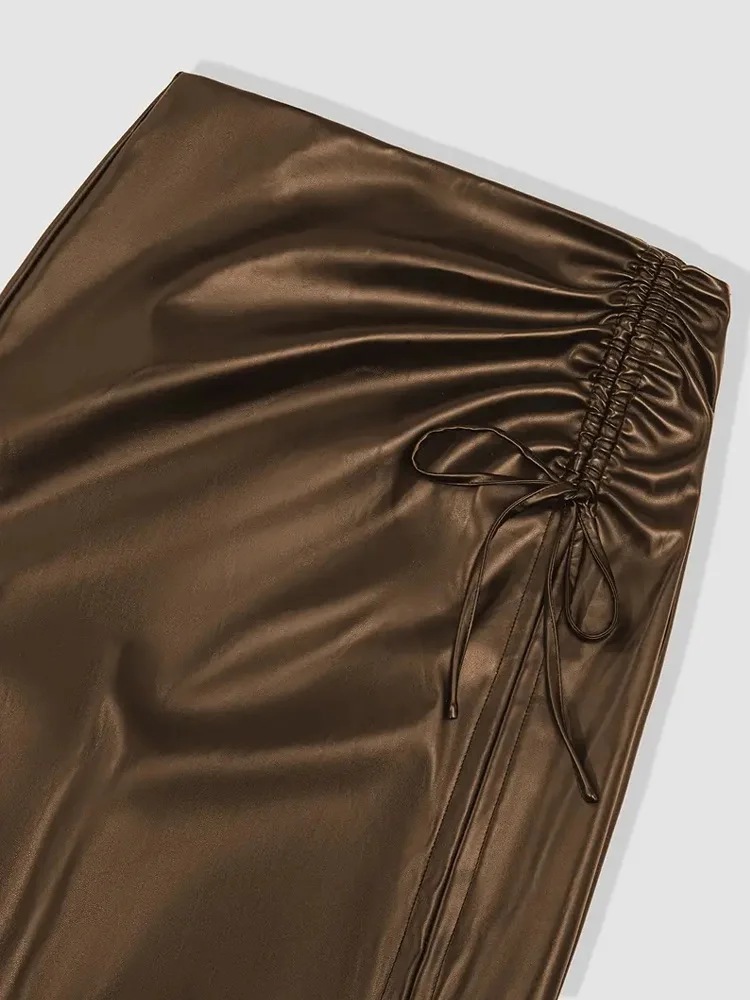 Fairyshely Sexy Pu Leather Split Long Skirt Women 2025 Summer High Waist Midi Skirt Lady Elegant Zipper Drawstring Pencil Skirts 5