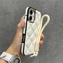 Luxury Lattice Soft Leather Plaid Phone Case with Wrist Strap Lanyard - iPhone 12 Pro (Rice White)