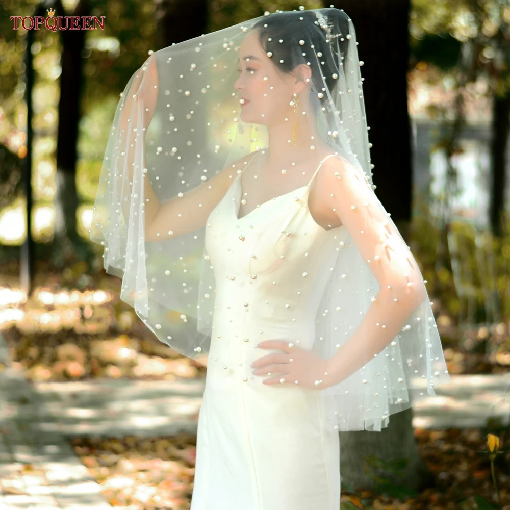 Two Tier Elbow Length Luxury Pearl Beaded Wedding Veil Bachelorette Party  Veil