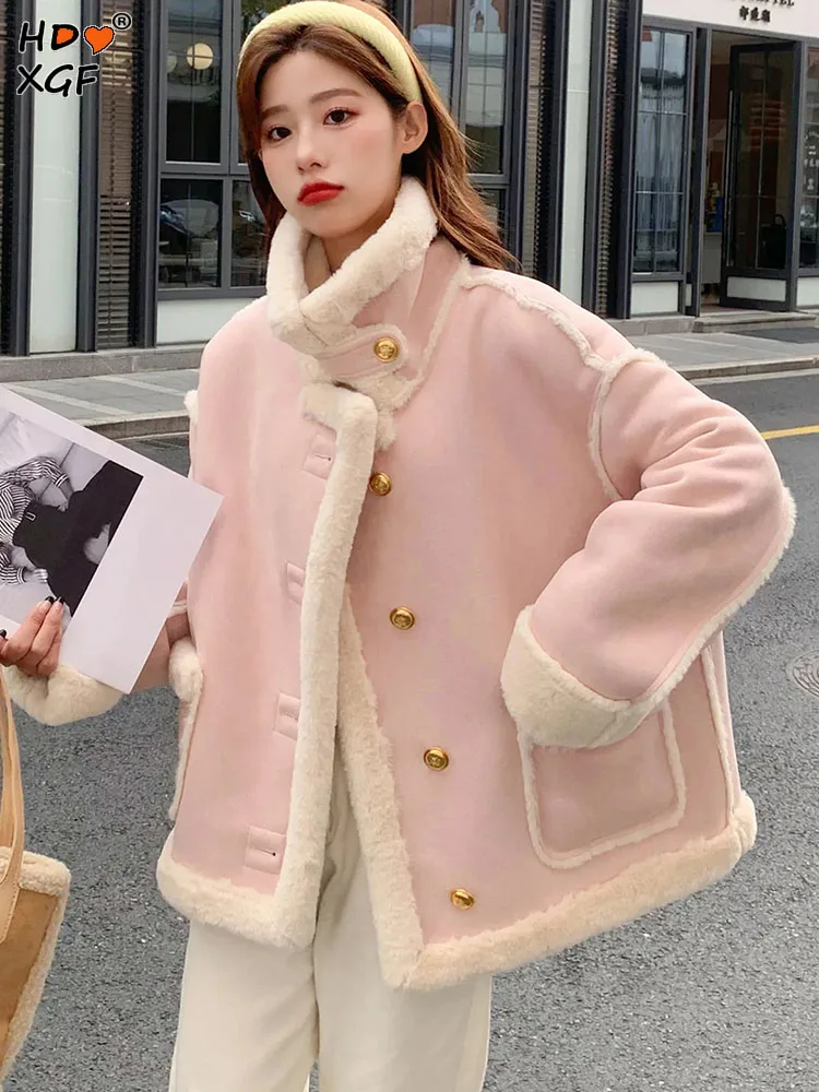 

Winter Thickening Faux Fur Pink Jacket For Women Korean Fashion Lapel Single Breasted Sweet Outerwear Streetwear Casual Top Coat