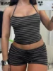 IAMSURE Casual Striped Shorts Set Women 2024 Y2K Slim 2 Piece Sets Housewear Backless Bandage Halter Top Low-Waisted Shorts Lady 1