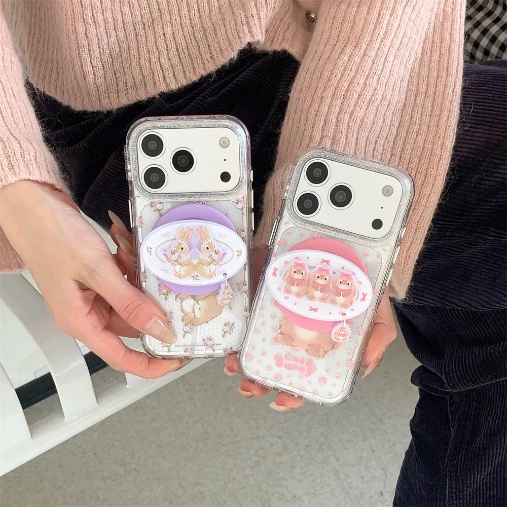 Korean Little Flower Rabbit Magnetic Phone Case with Magsafe Holder - Shockproof Cover