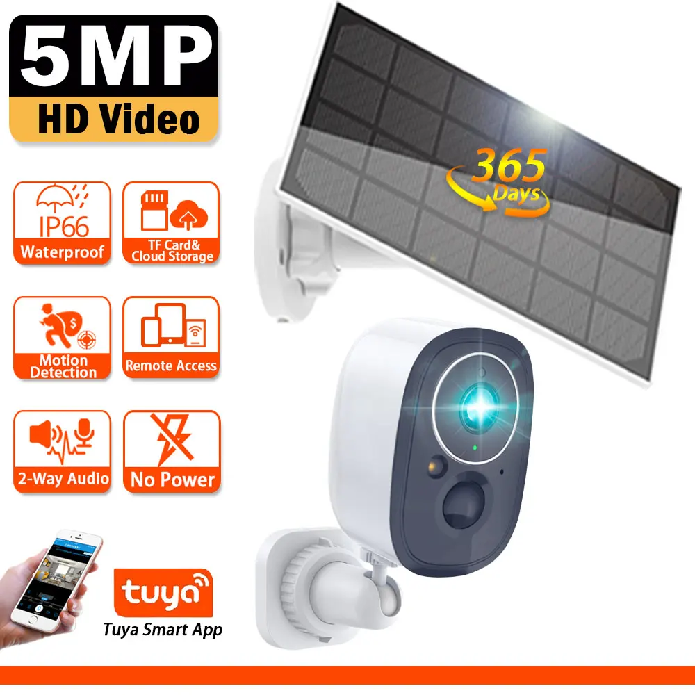 Solar Battery 5MP HD Outdoor WIFI Surveillance Camera Tuya Smart Motion Detect Night Vision Waterproof Wireless Security Camera tuya 3mp wifi battery solar power outdoor security pir motion detect spotlight color night vision cctv surveillance siren camera