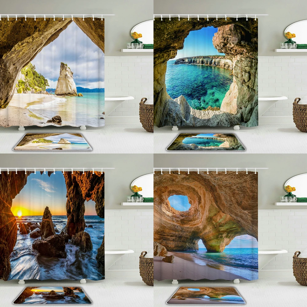 

2pc/set Beach Seaside Cave Cave Landscape Shower Curtain Set Rug Bath Curtains Waterproof Fabric + Non-slip Mat Toilet Bathroom