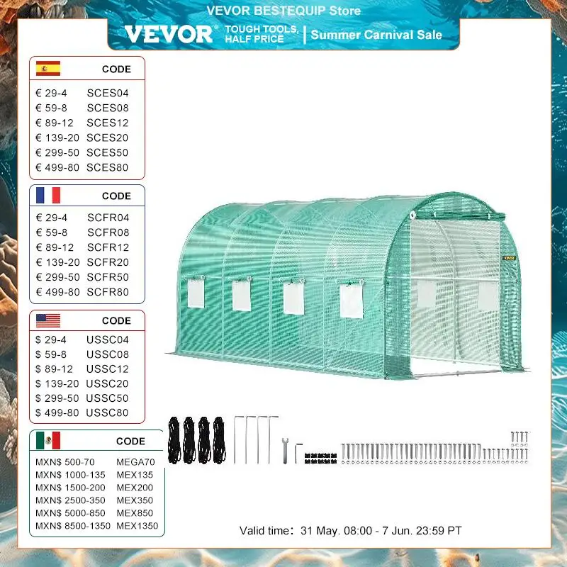 Vevor walk-in túnel estufa galvanizado quadro & capa impermeável 15x7x 7/10x7x 7/20x10x 7/12x7x7 pés estufas e quadros frios