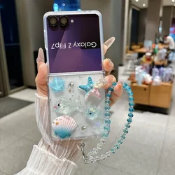 Glitter Transparent Epoxy Phone Case with 3D Sea Star Design and Chain - Shockproof Protective Back Cover - Galaxy Z Flip5 (Blue Pink)