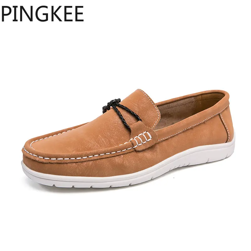 

PINGKEE Chic Genuine Hand Sewn Leather Upper Moc Round Toe Synthetic Lining Stitching Lightly Men Boat Driving Loafer Man Shoes