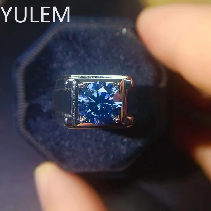 Yulem Blue Moissanite Man Ring 3 Carati 9Mm Round Excellent Cut Real Diamond Tester Passato Blue Moissanite Ring Gioielli Da Sposa
