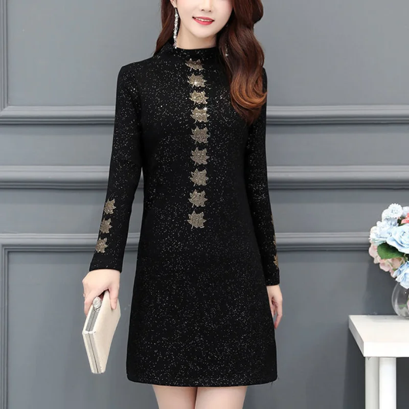 

Women's Autumn Winter New O-Neck Pullover Dress Commuter Fashion Bright Silk Diamond Splice Fleece Warm Long Sleeve A-line Skirt