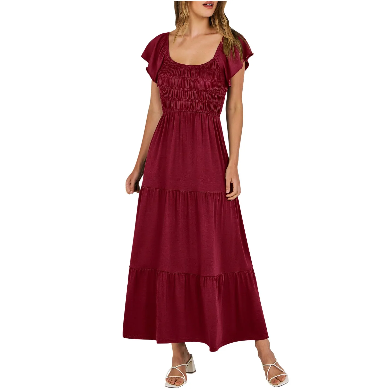 

Women's Summer Dress Regular Short Sleeve Square Neck Smocked Elastic Waist Tiered Dress Casual A Line Maxi Dress With Pockets