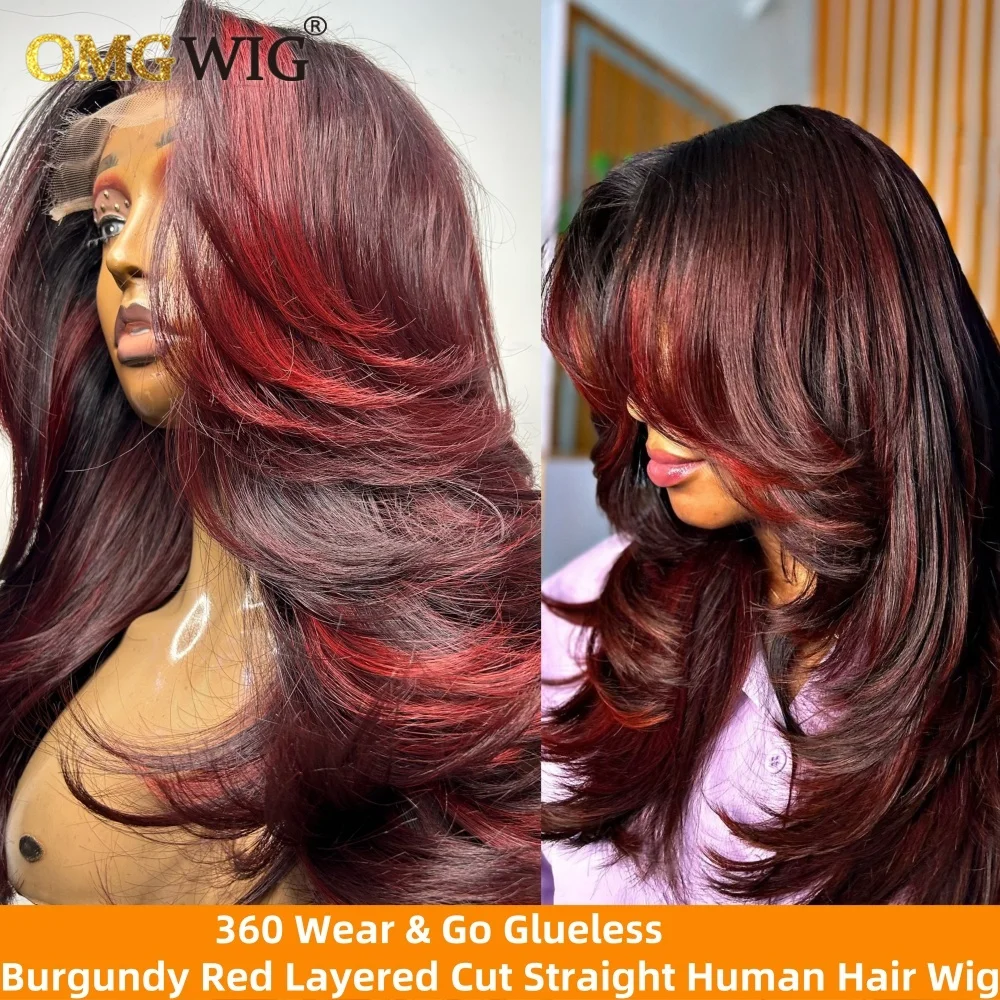 360 Glueless Burgundy Red Layered Cut Straight Human Hair Wig 5x7 Pre Cut Lace Body Wave Wig Pre Plucked With Natural Hairline