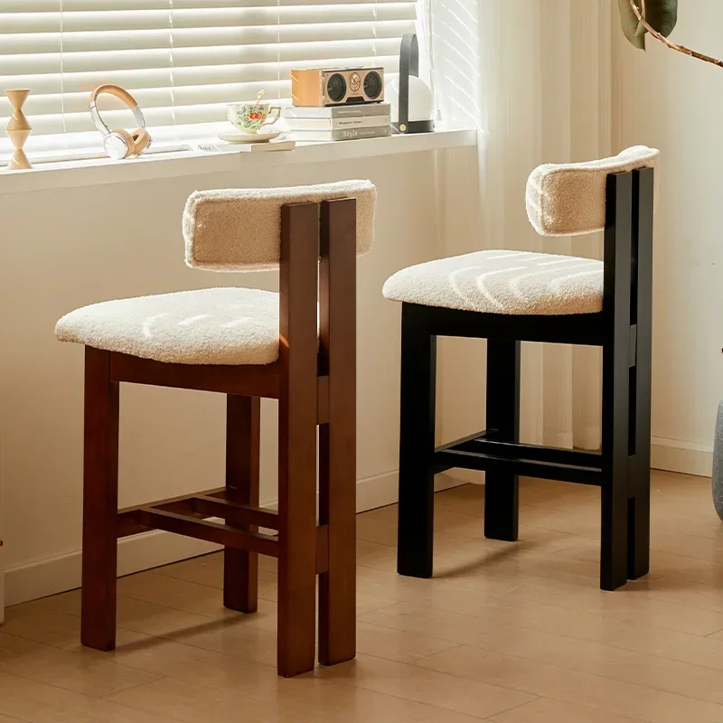 Vintage French-Style Bar Stool with High Back Sheepskin Velvet