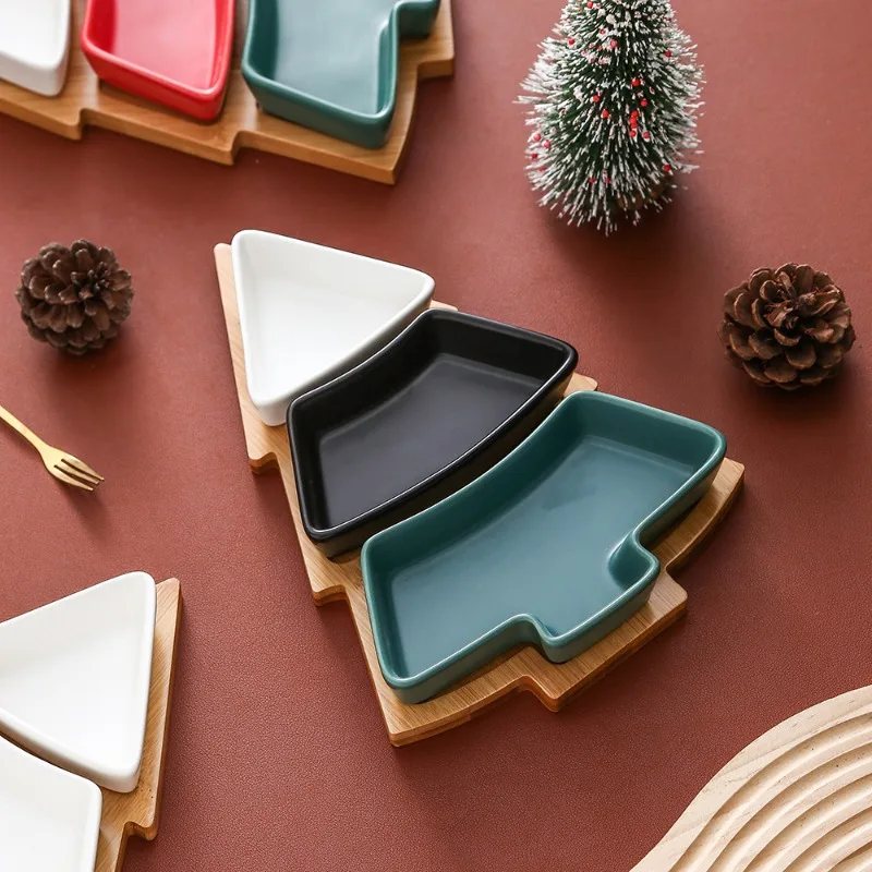 Creative Christmas Tree Ceramic Snack Plate with Bamboo Plate Christmas Tree Shaped Plate Dim Sum Fruit Plate Candy Plate
