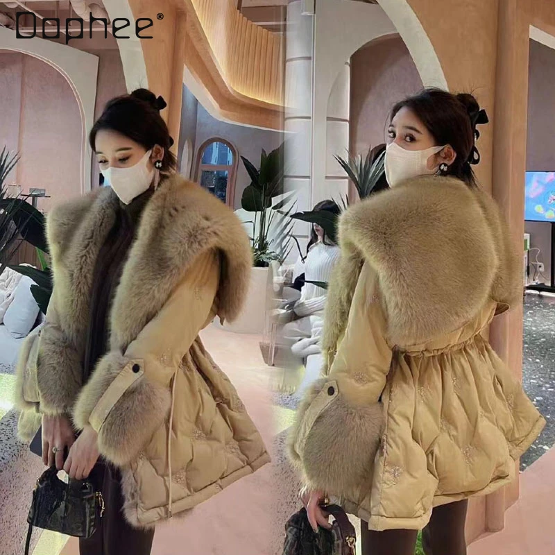 

Korean Style Fashion Down Jacket Women 2023 Winter New Big Fur Collar Mid-Length Thickened Long Sleeve Black Coat Female