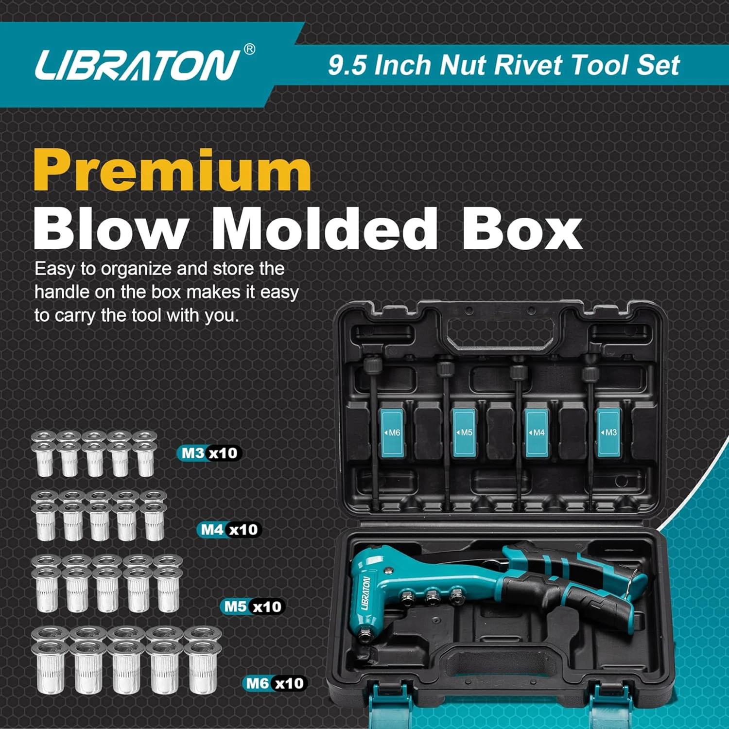 LIBRATON One-Handed Rivet Nut Gun, Rivet Nut Tool Kit with 40PCS Threaded Rivet Nuts, Metric Interchangeable Mandrels 4PCS 6