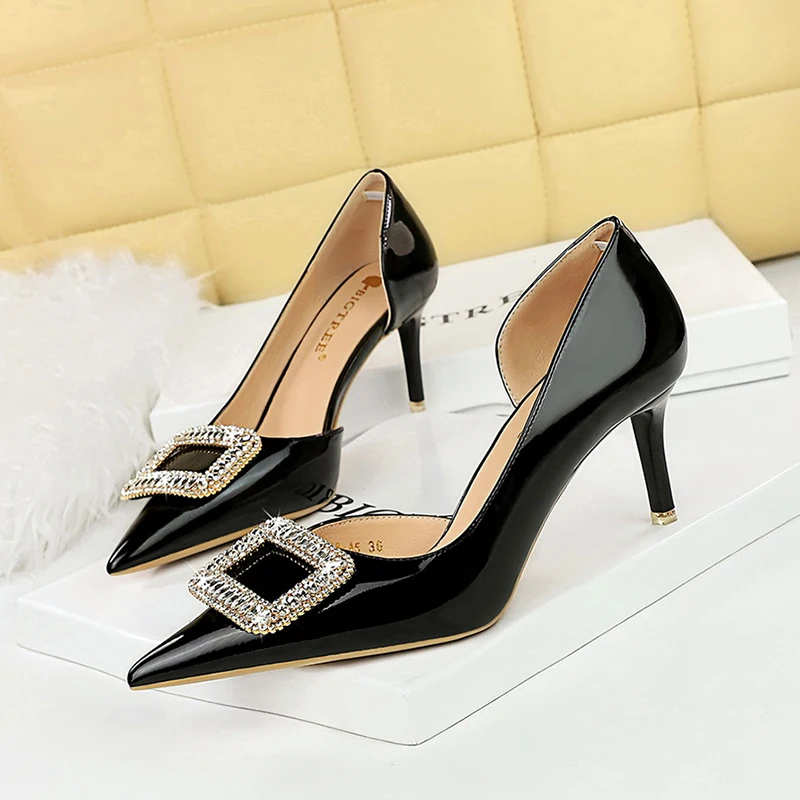 

Pointed Rhinestone Bow Lacquer Leather Woman Shoes Slip On Solid Color Women's Pumps Summer Ladies Banquet Shoes Stiletto Heels