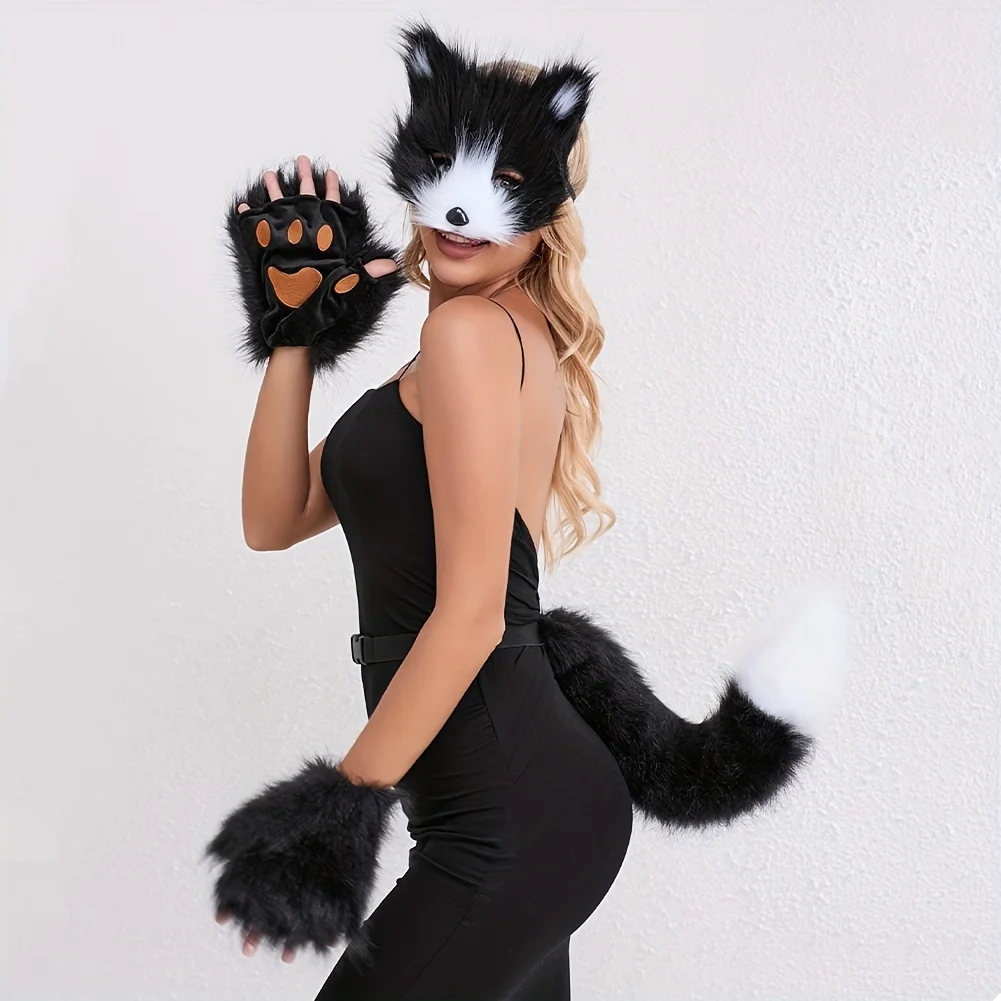 Fluffy Fur Fox Tail  Cat Paws Gloves Set - Wolf Mask Halloween Cosplay Accessories