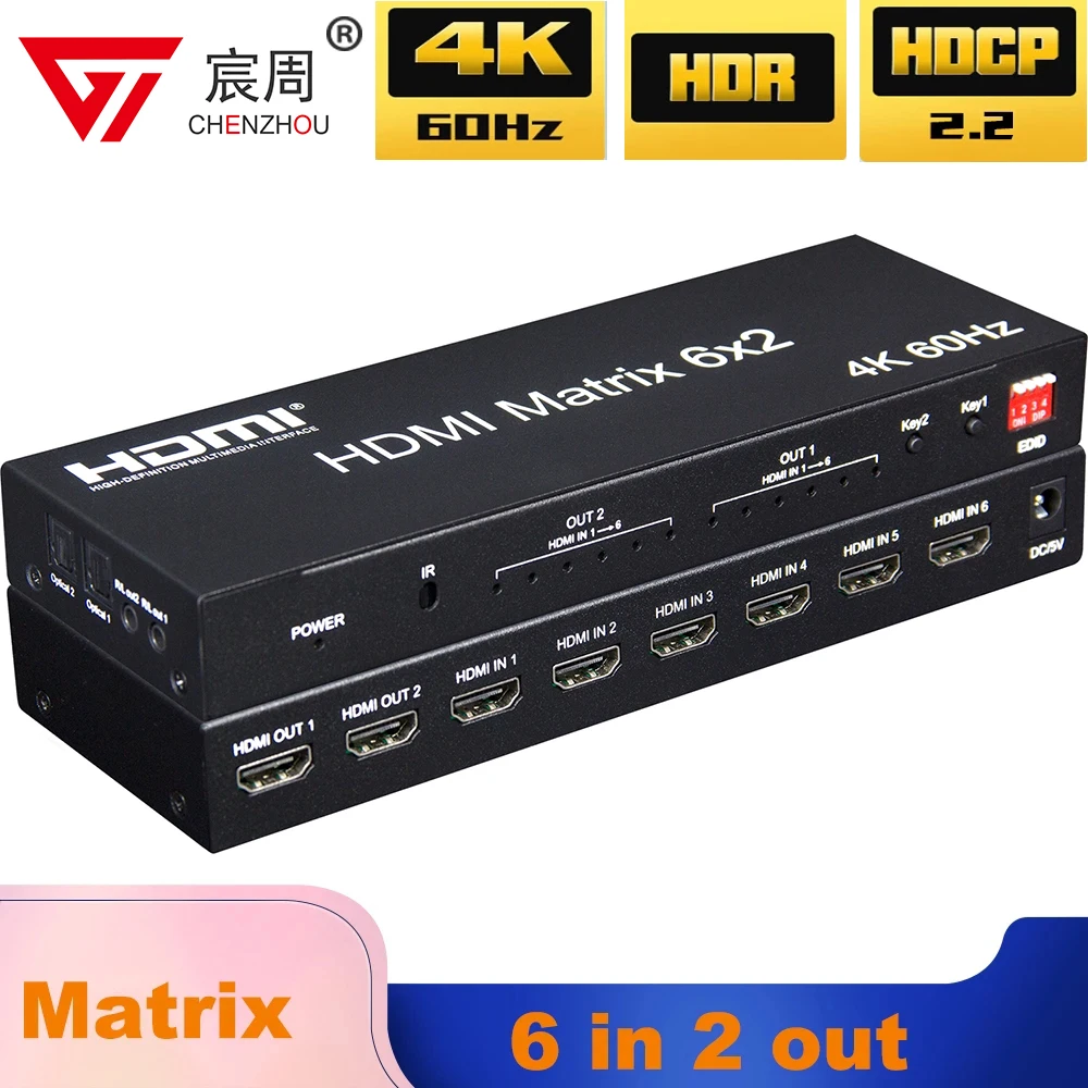 

4K@60hz HDMI 6x2 True Matrix 6 IN 2 OUT HDMI Switch Splitter 4x2 2x2 HDMI Matrix Video Converter for PS4 Camera PC To TV Monitor