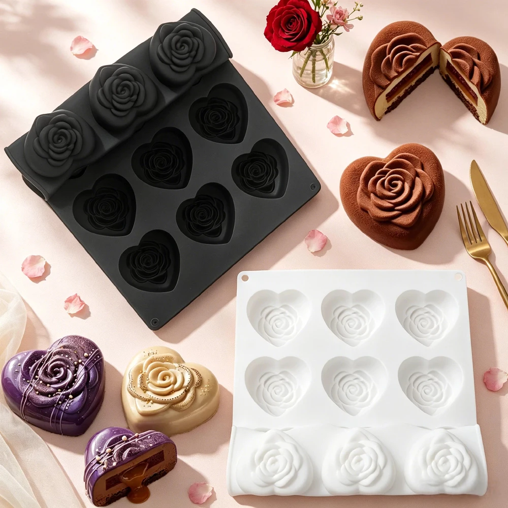 Heart Rose Silicone Mold for Baking and Desserts - Ideal for Mousse, Chocolate, Candy, Pudding, and French Pastries - Perfect for Valentine's Day and Weddings